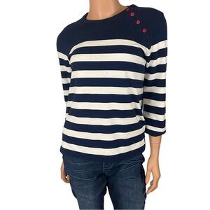Vintage Blue White Striped Top Red Anchor Buttons Nautical 3/4 Sleeves Woman’s S